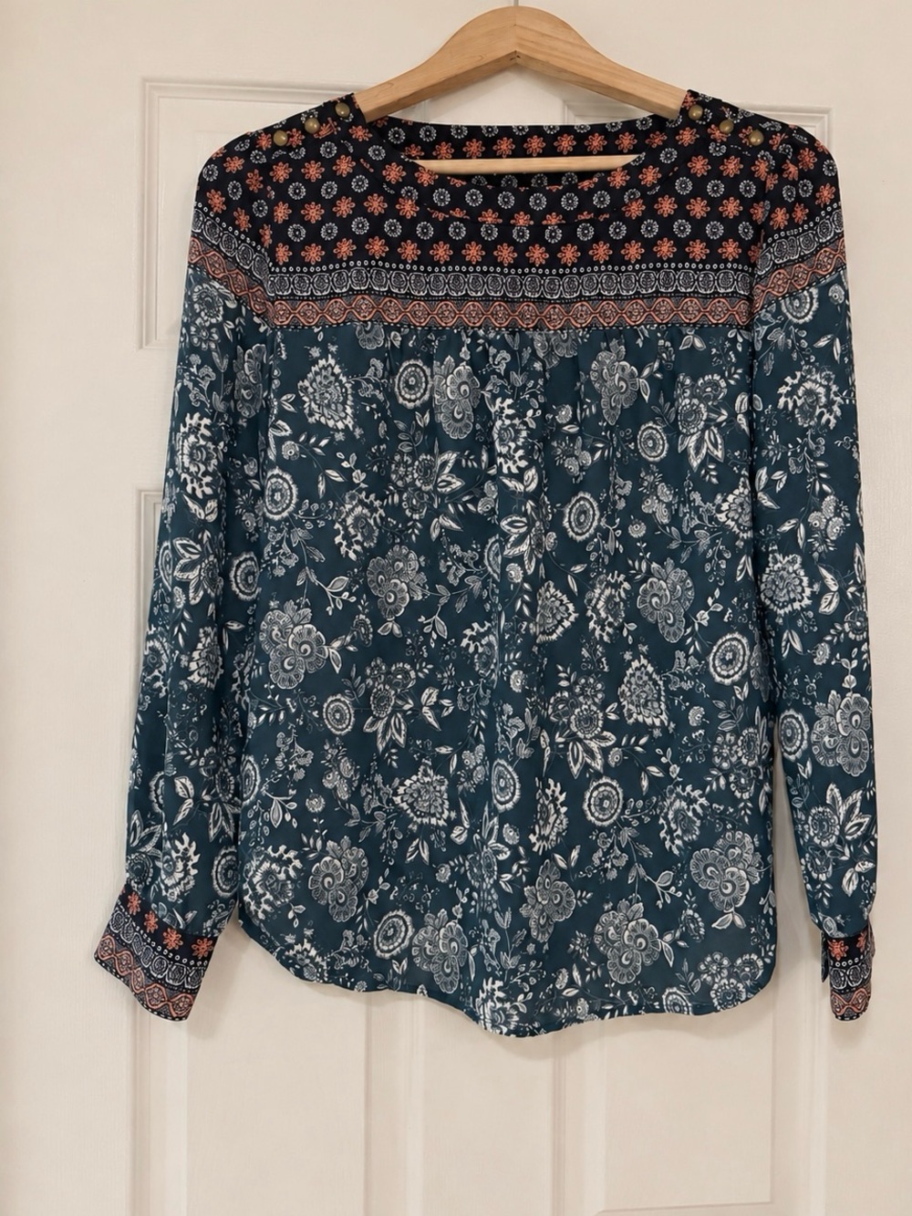 LOFT Women’s S Teal Floral Boho Peasant Blouse Long Sleeve Button Shoulder top